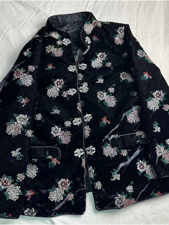 🌸 Vintage MiMi Black Velvet Floral Frog Closure Tang Jacket XL 8887-16 🌸 - Picture 2 of 11